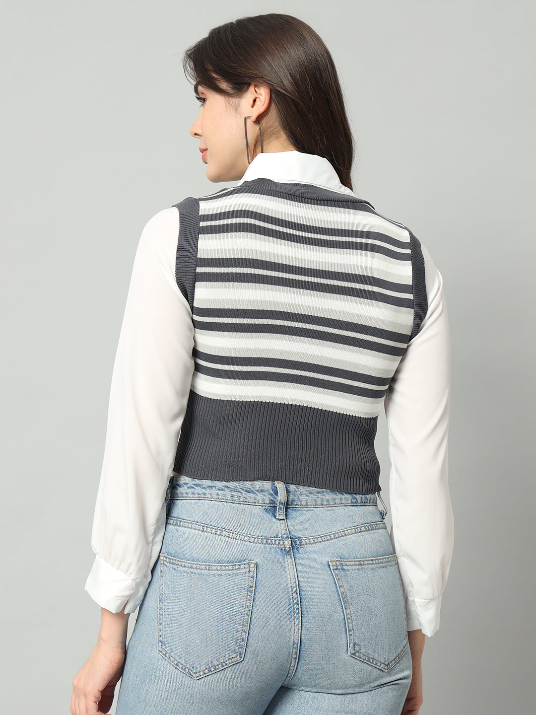 BROOWL Women's Striped V-Neck Cropped Woollen Sweater Vest