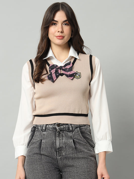 BROOWL Women Beige & White Woollen Sweater Vest