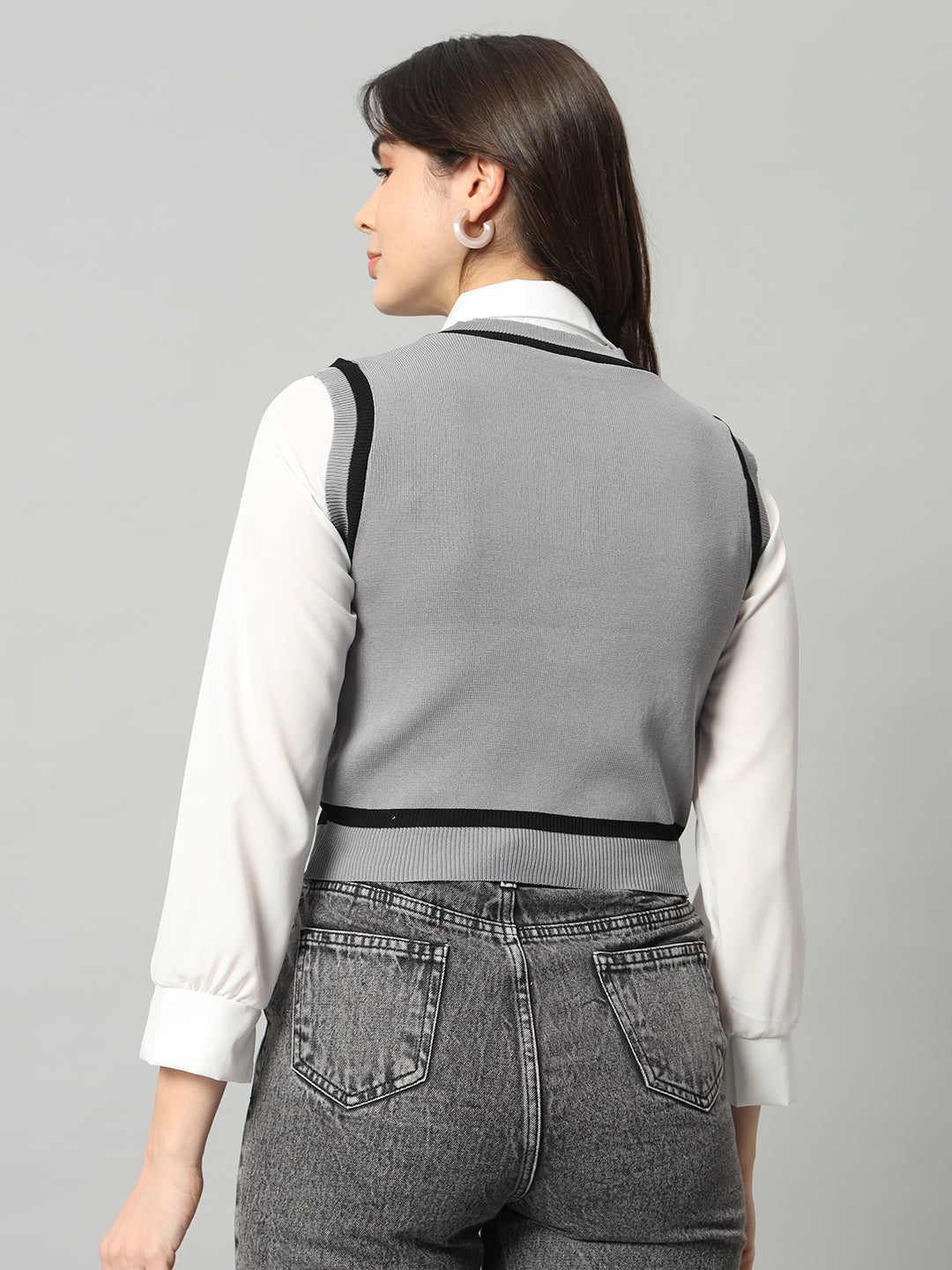 BROOWL Women's Grey & White Woollen Sweater Vest