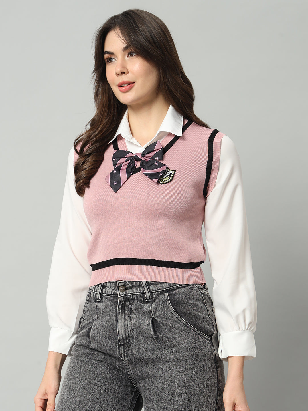 BROOWL Women's Pink & White Woollen Sweater Vest