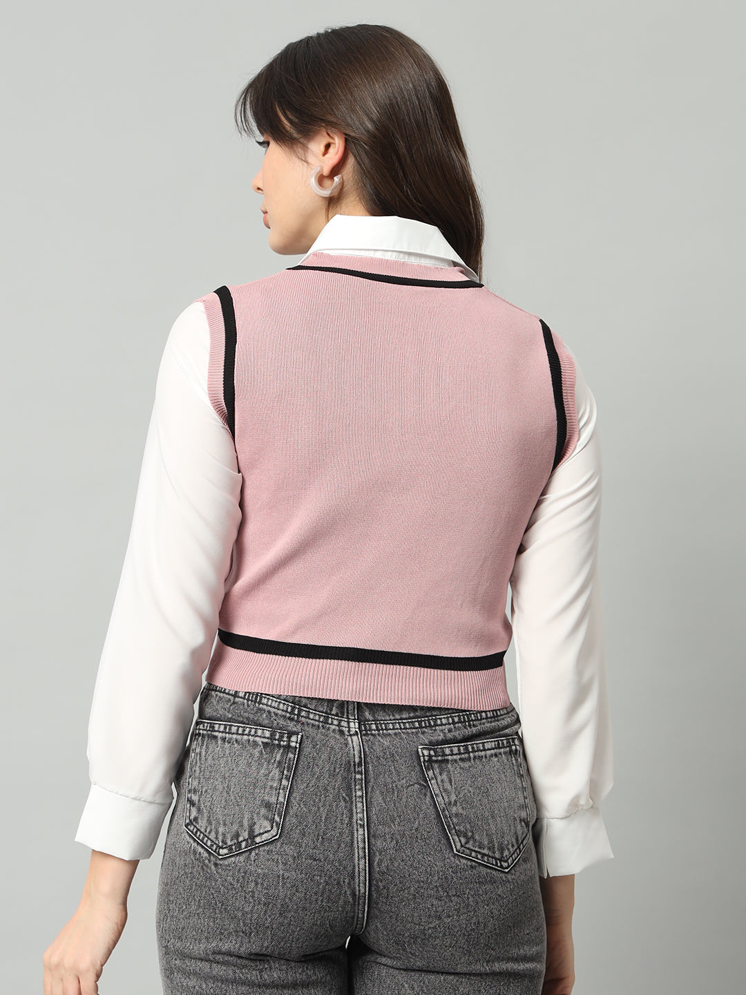 BROOWL Women's Pink & White Woollen Sweater Vest