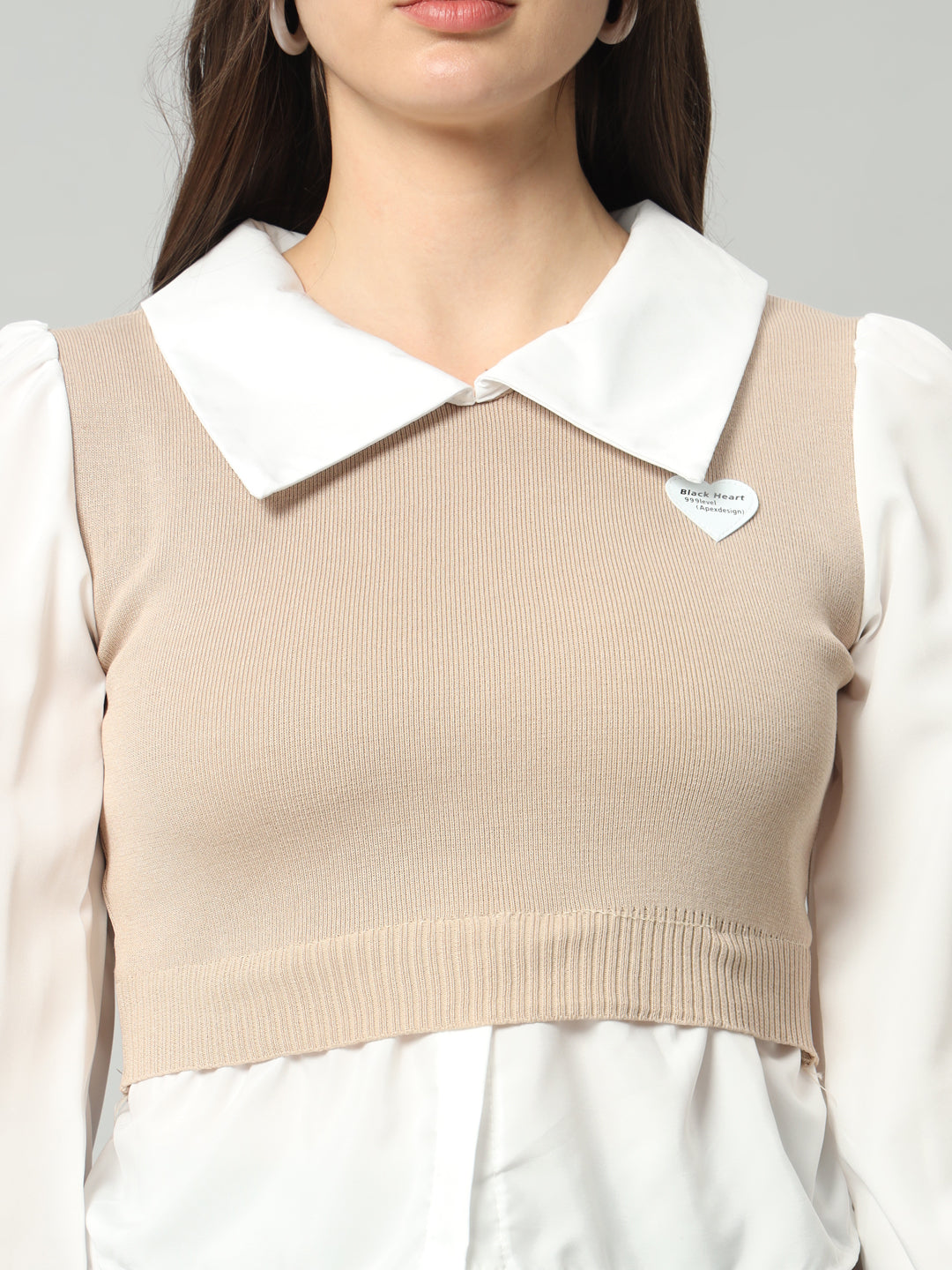 BROOWL Women Beige & White Woollen Sweater Vest