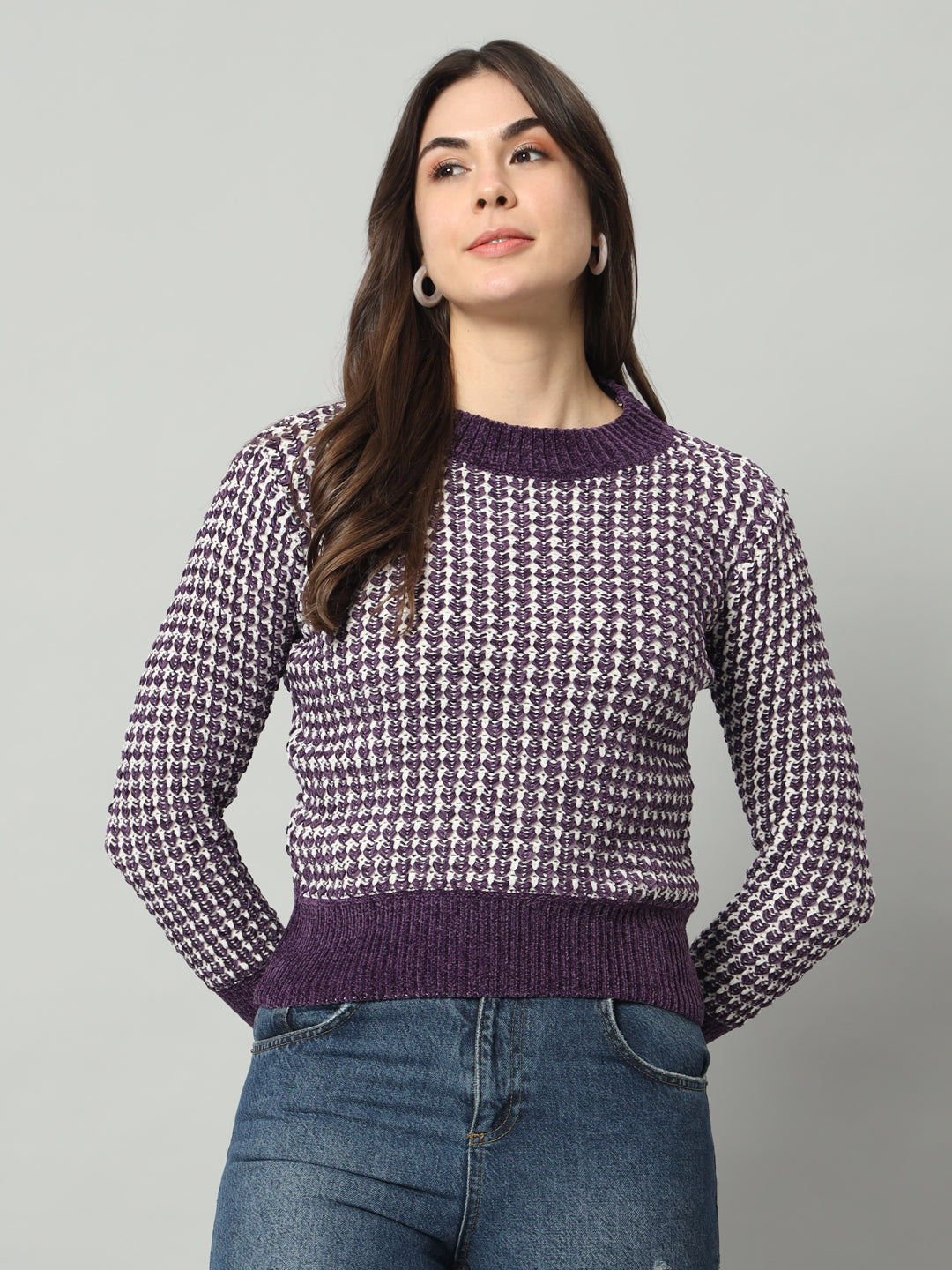 BROOWL Women Purple Checked Woollen Pullover