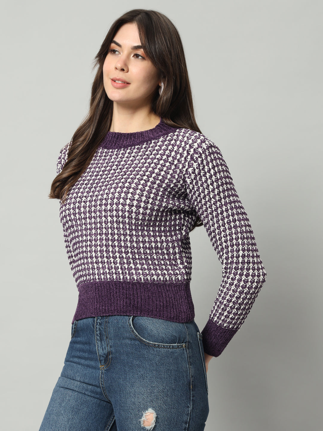 BROOWL Women Purple Checked Woollen Pullover