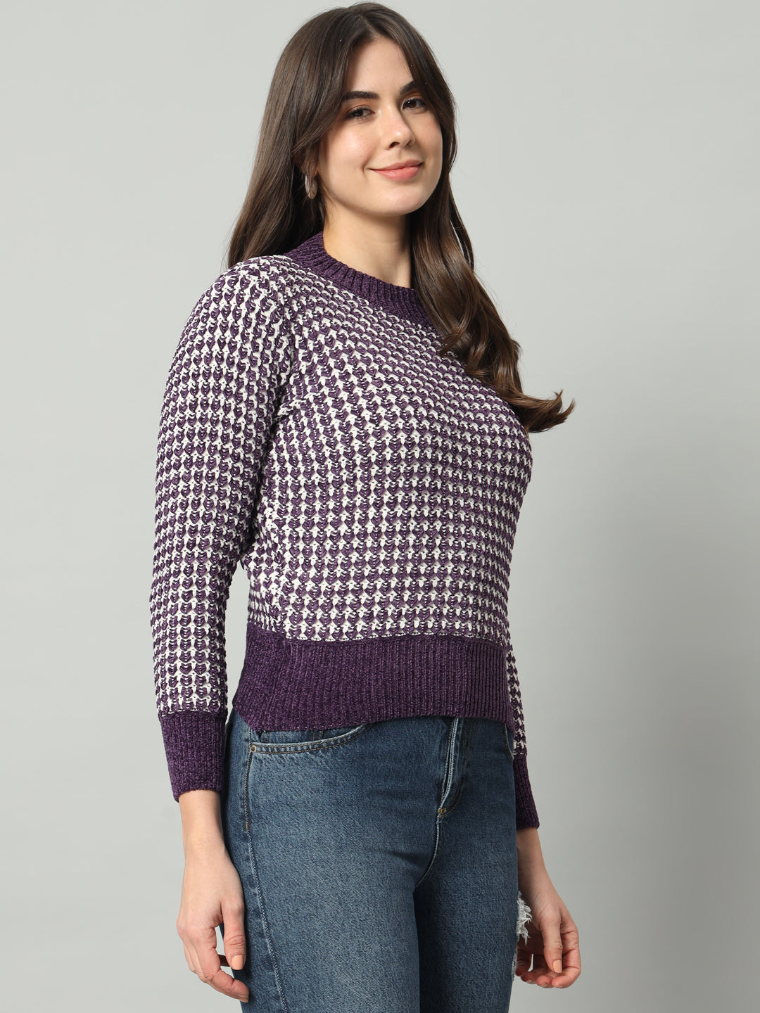 BROOWL Women Purple Checked Woollen Pullover