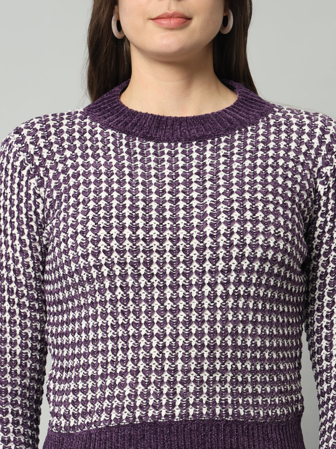 BROOWL Women Purple Checked Woollen Pullover