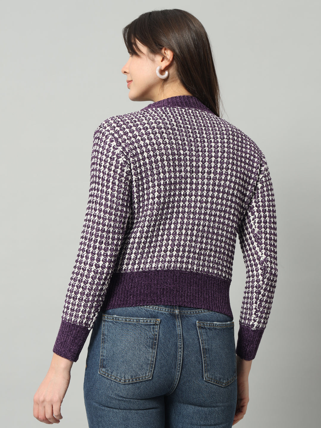 BROOWL Women Purple Checked Woollen Pullover