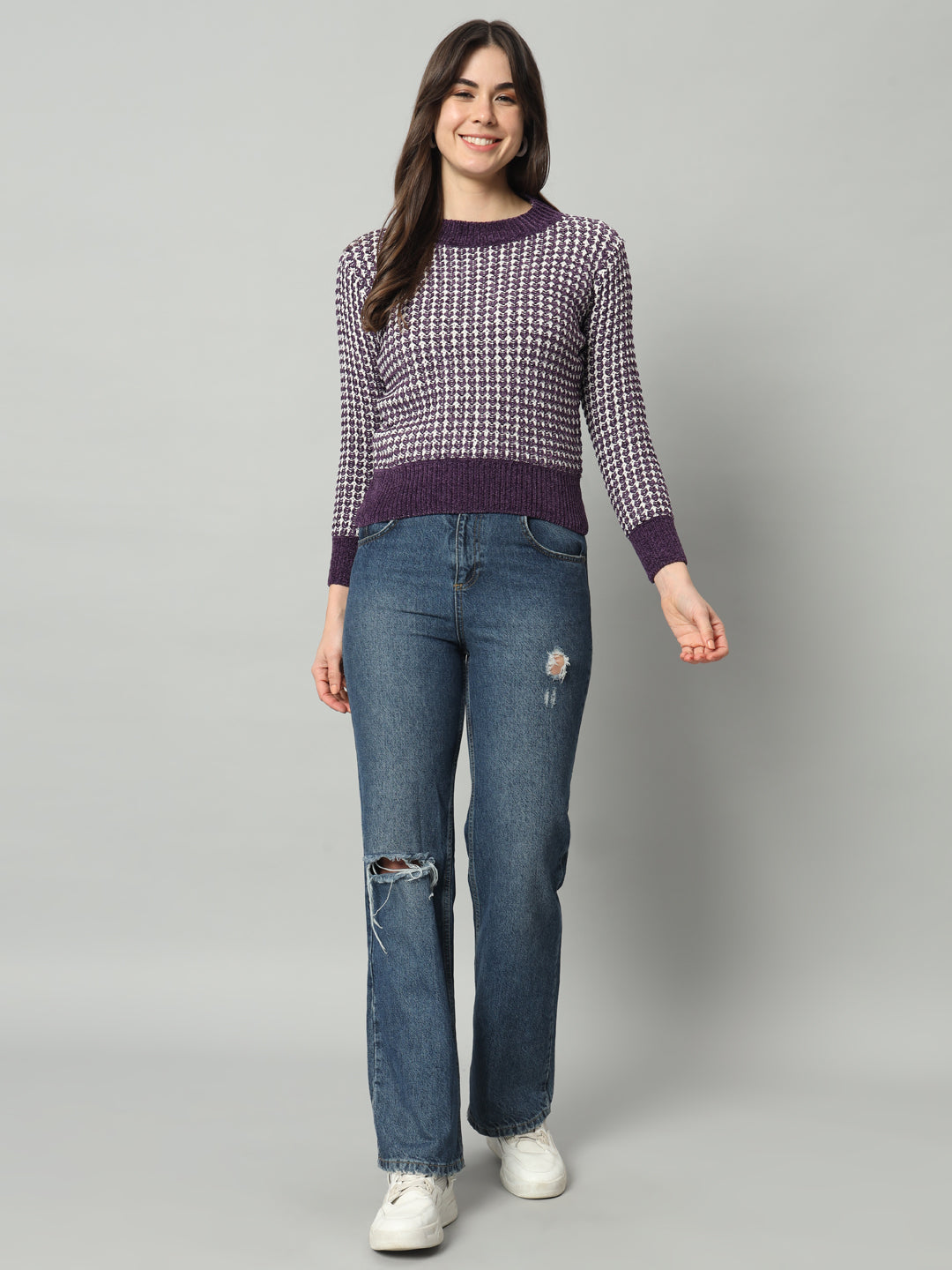 BROOWL Women Purple Checked Woollen Pullover