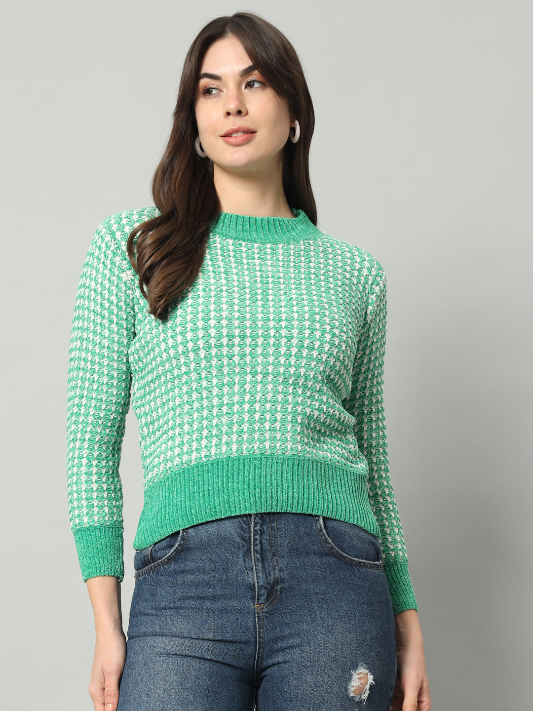 BROOWL Women Green Checked Woollen Pullover