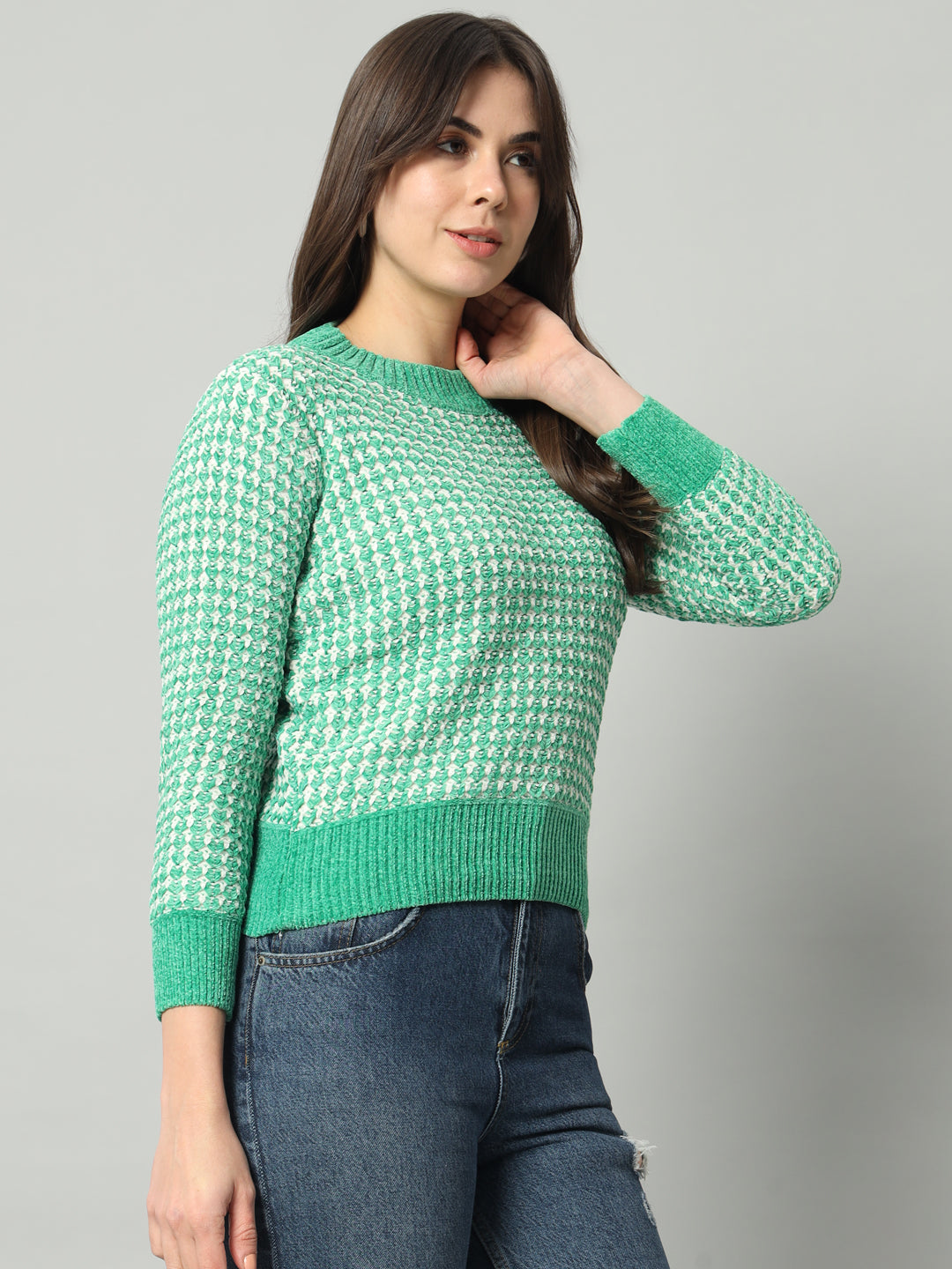 BROOWL Women Green Checked Woollen Pullover