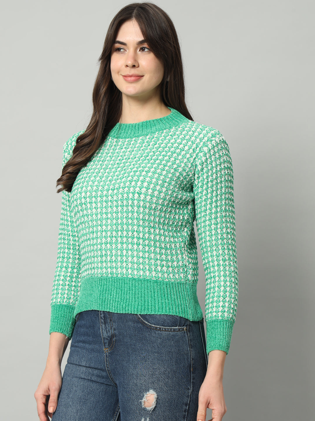 BROOWL Women Green Checked Woollen Pullover