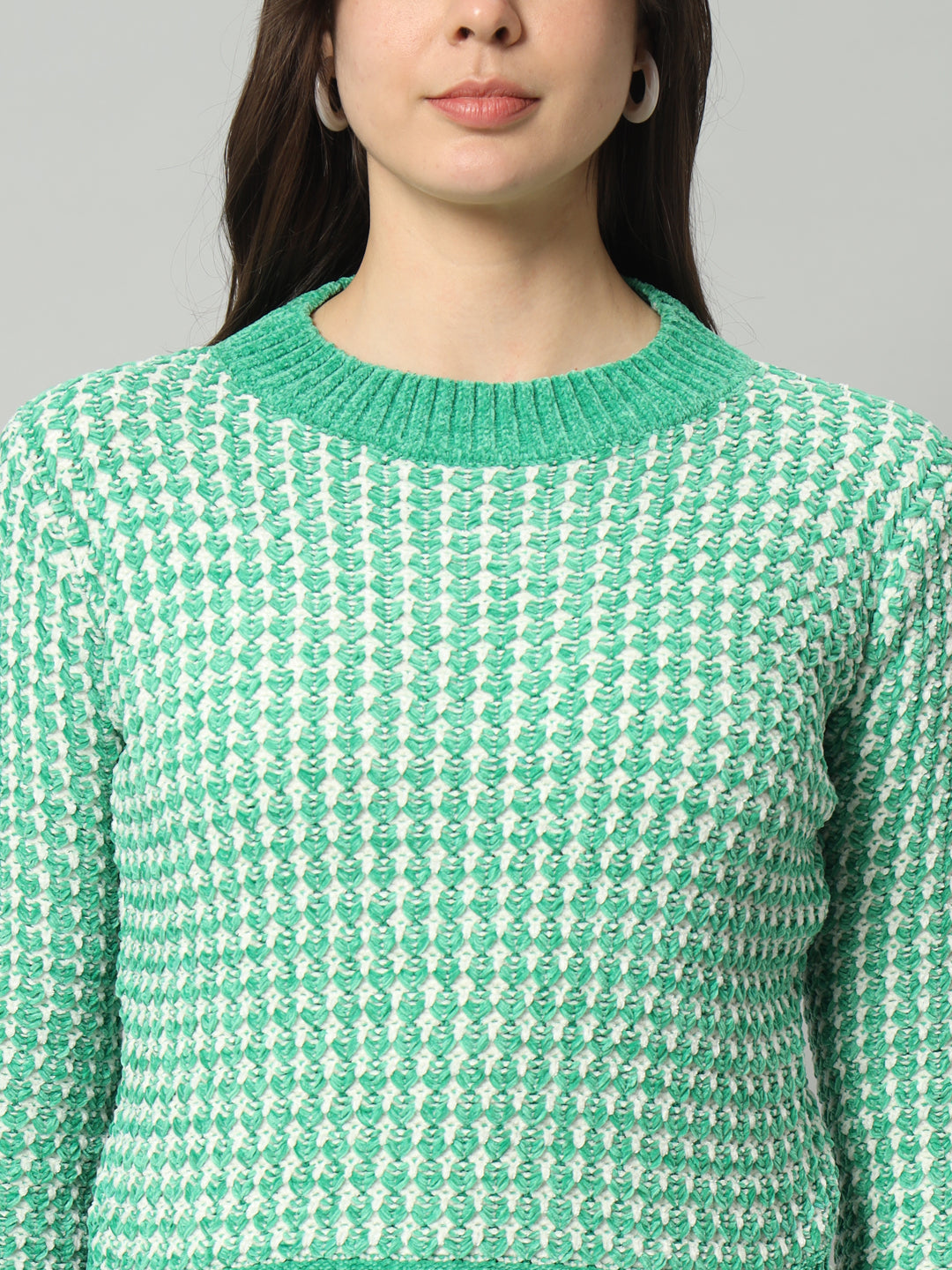 BROOWL Women Green Checked Woollen Pullover