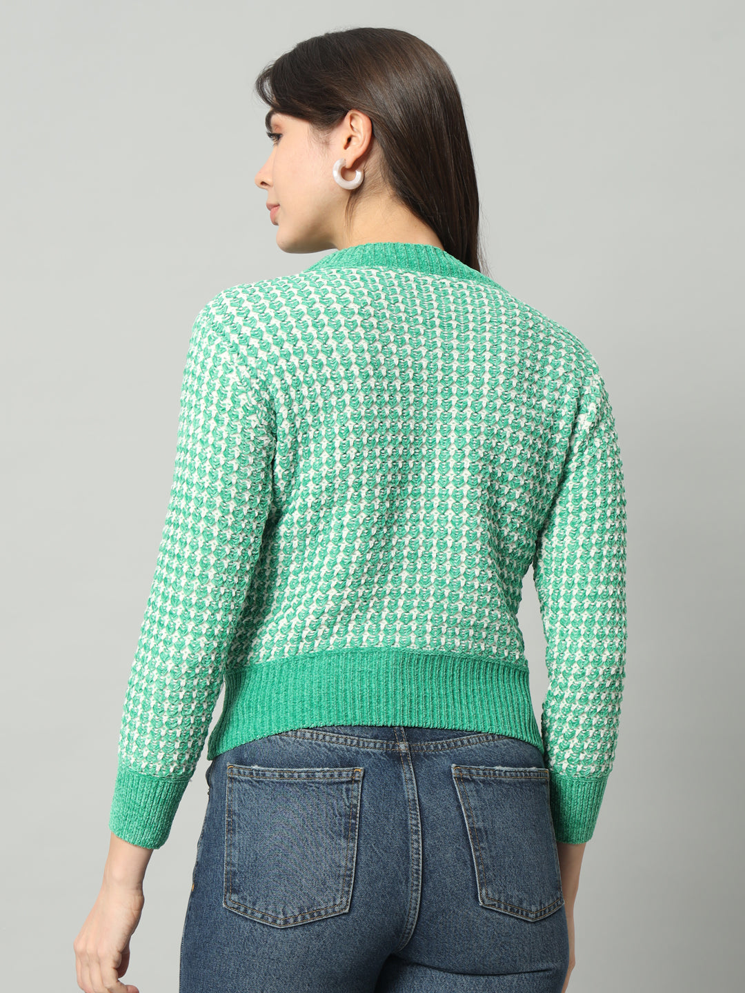 BROOWL Women Green Checked Woollen Pullover