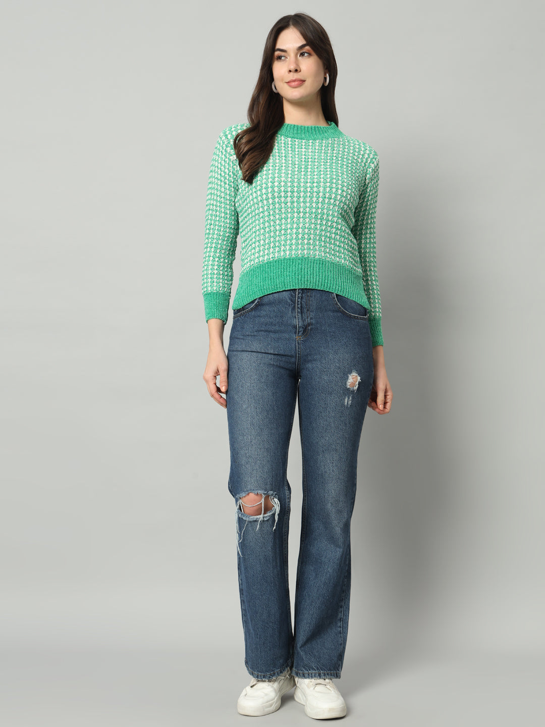 BROOWL Women Green Checked Woollen Pullover