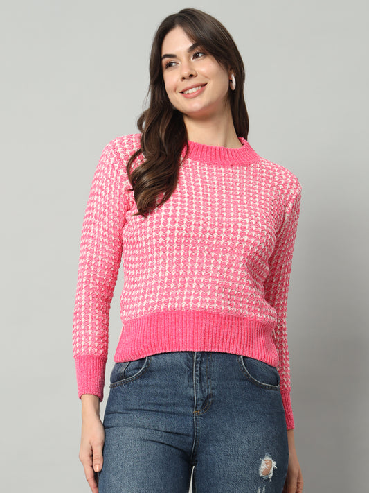 BROOWL Women Pink Checked Woollen Pullover