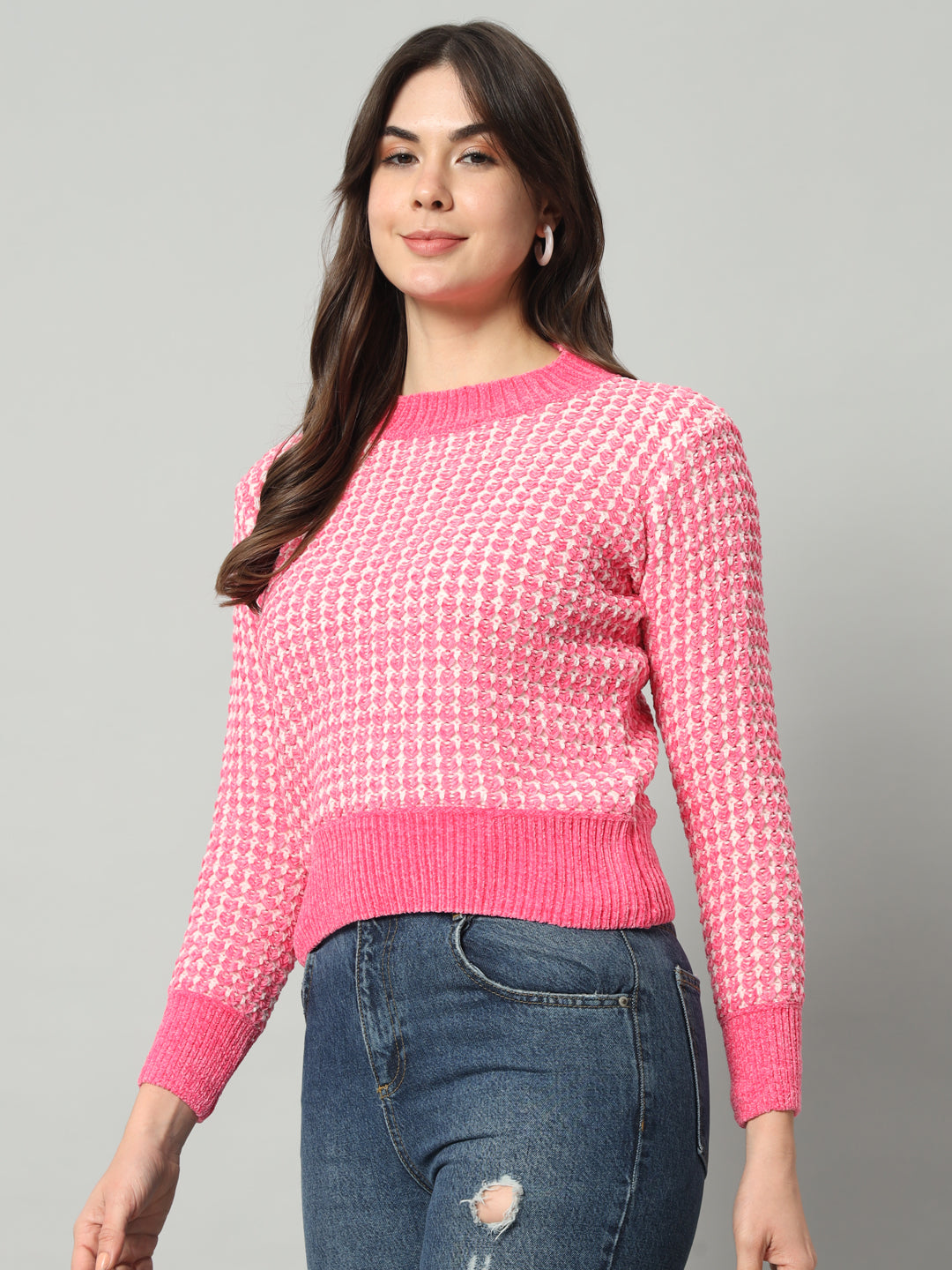 BROOWL Women Pink Checked Woollen Pullover