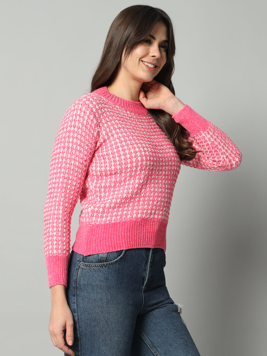 BROOWL Women Pink Checked Woollen Pullover