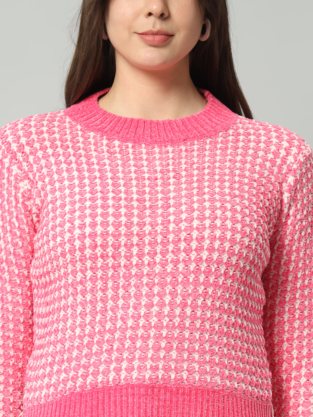 BROOWL Women Pink Checked Woollen Pullover