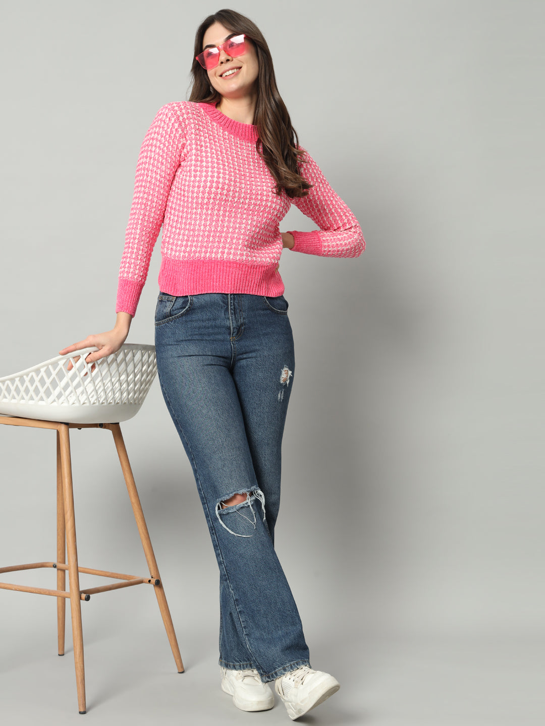 BROOWL Women Pink Checked Woollen Pullover