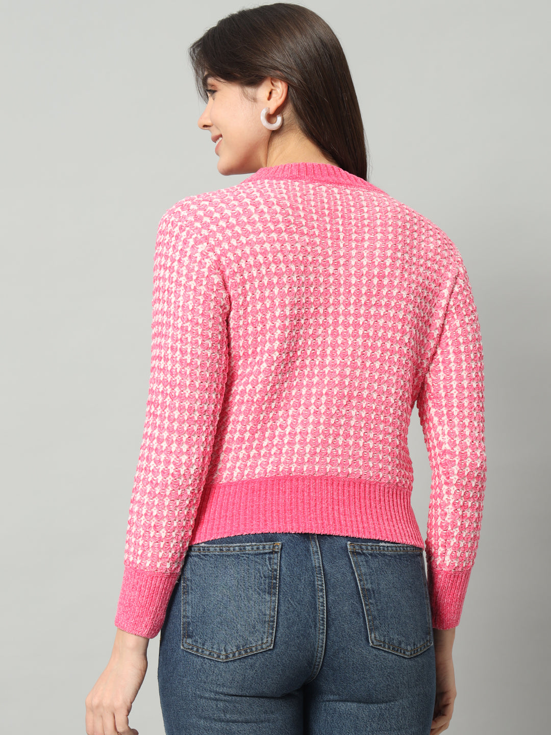 BROOWL Women Pink Checked Woollen Pullover