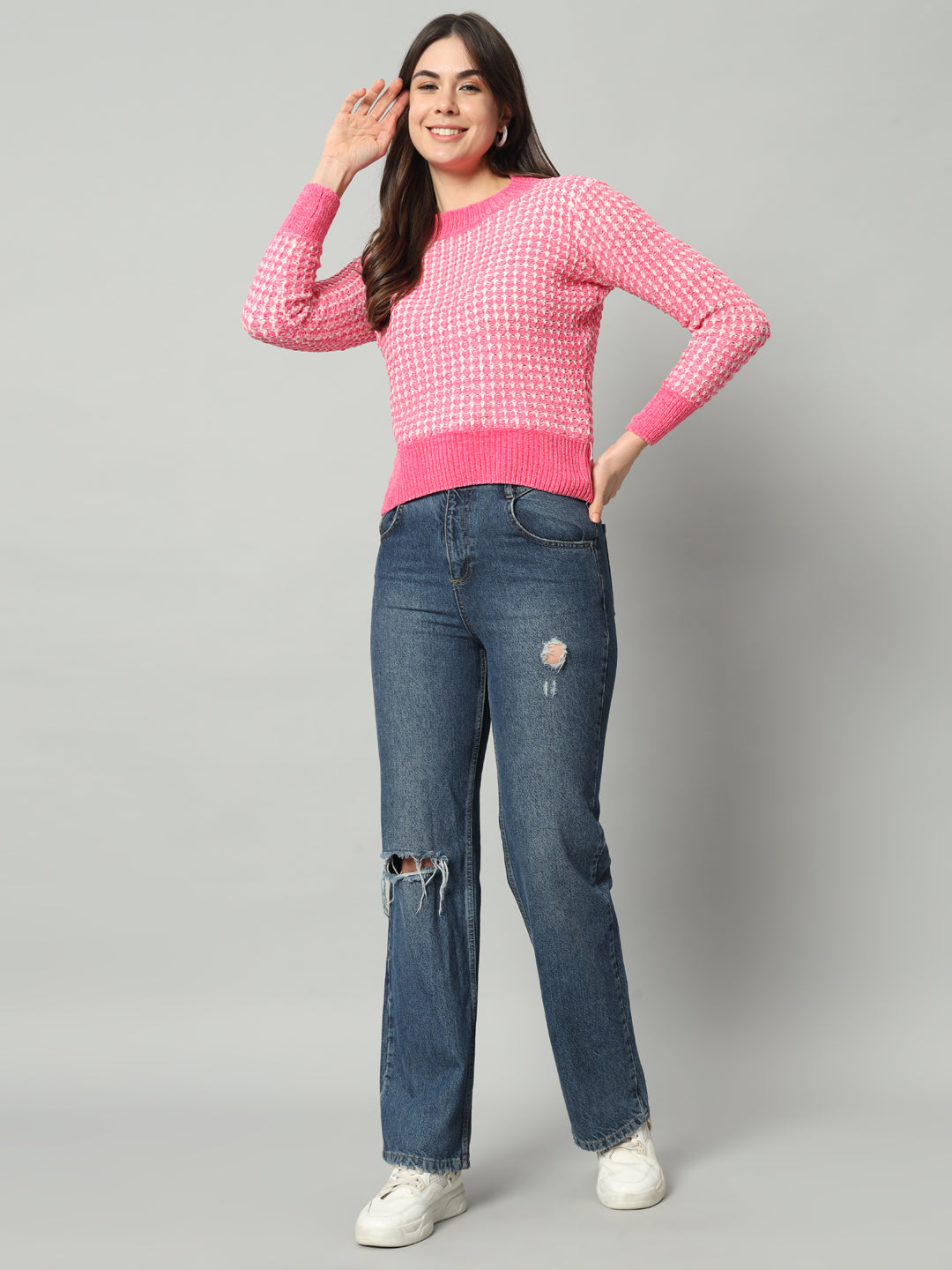 BROOWL Women Pink Checked Woollen Pullover