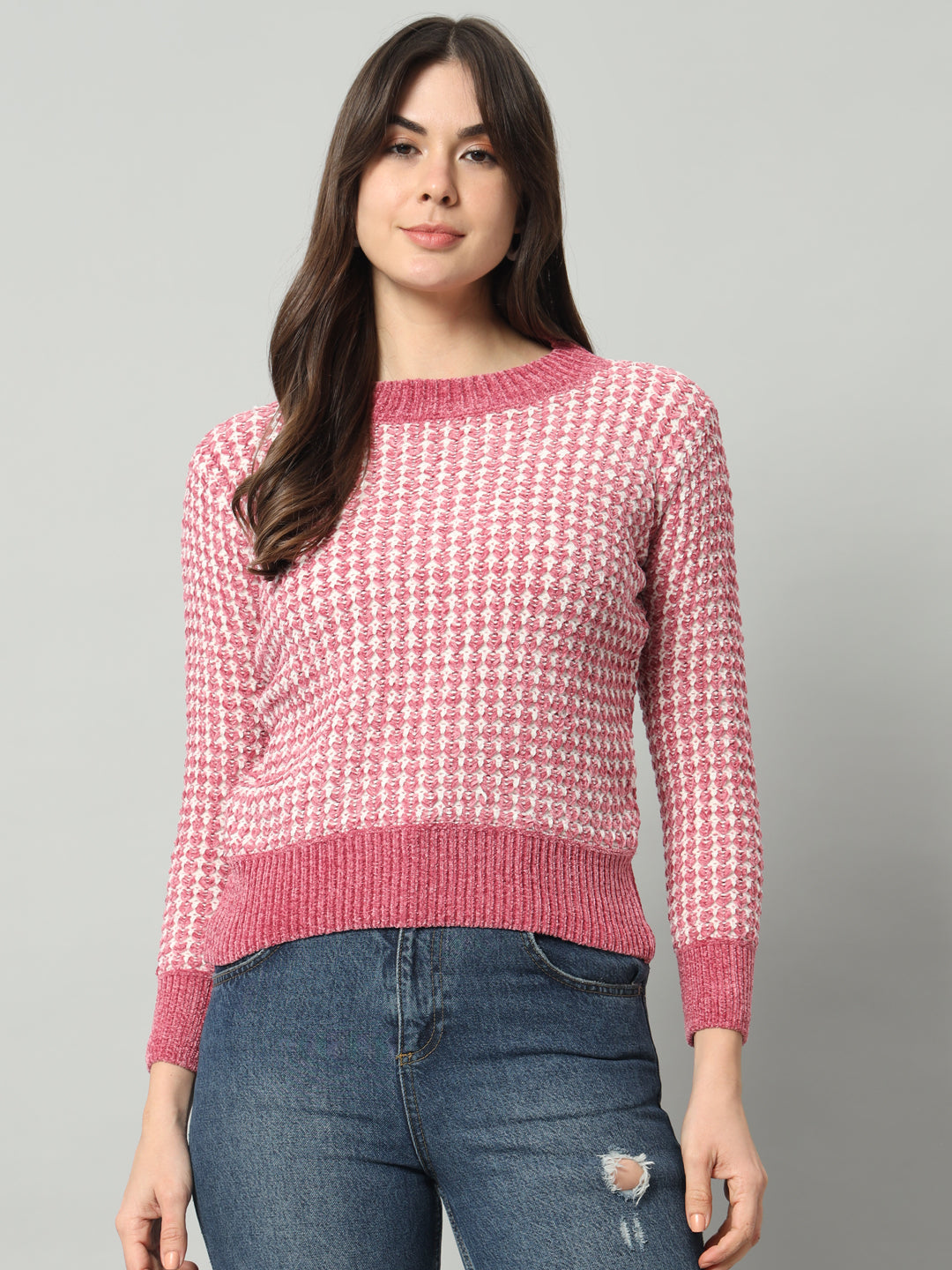 BROOWL Women Peach-Coloured Checked Woollen Pullover