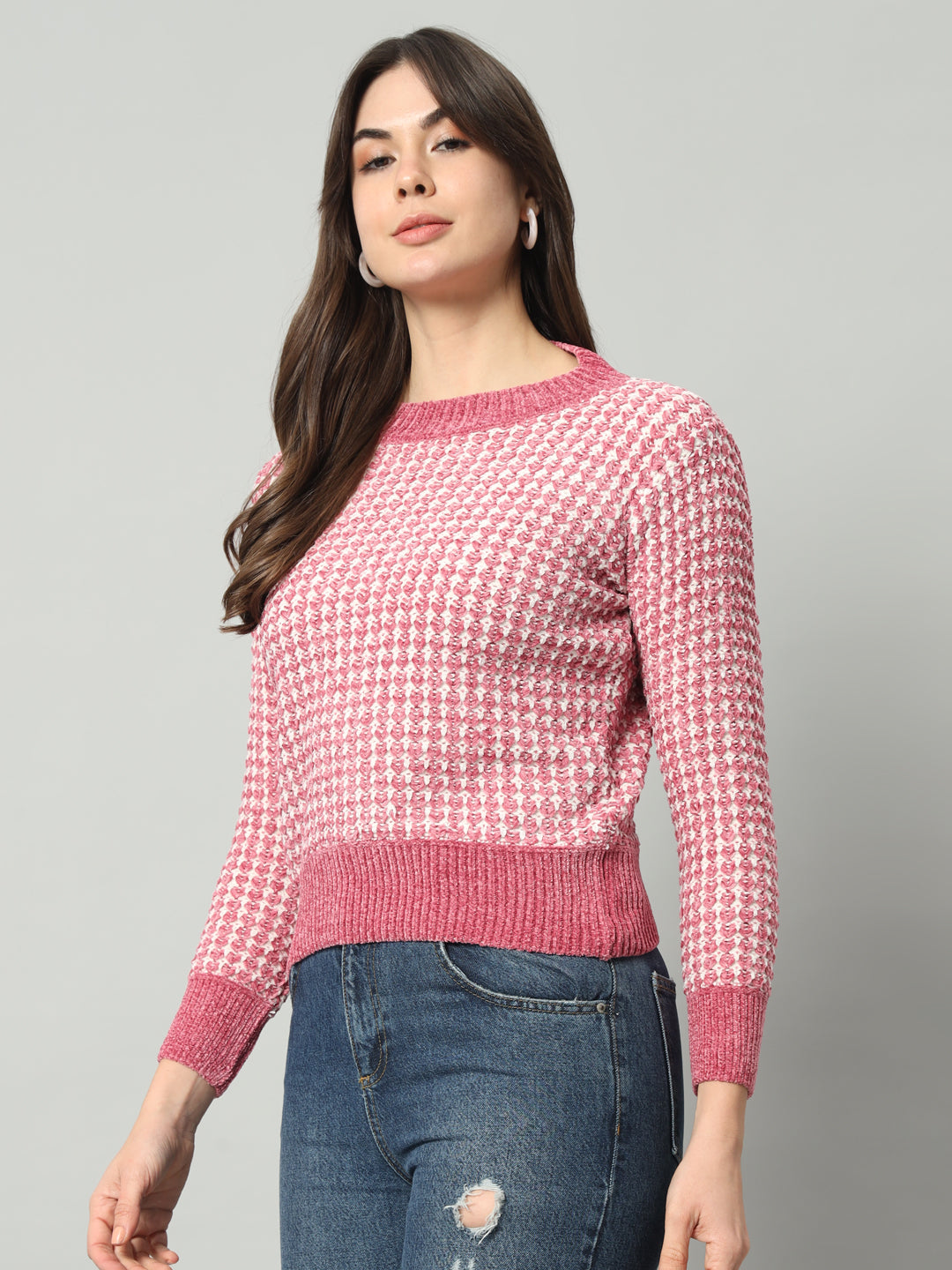 BROOWL Women Peach-Coloured Checked Woollen Pullover