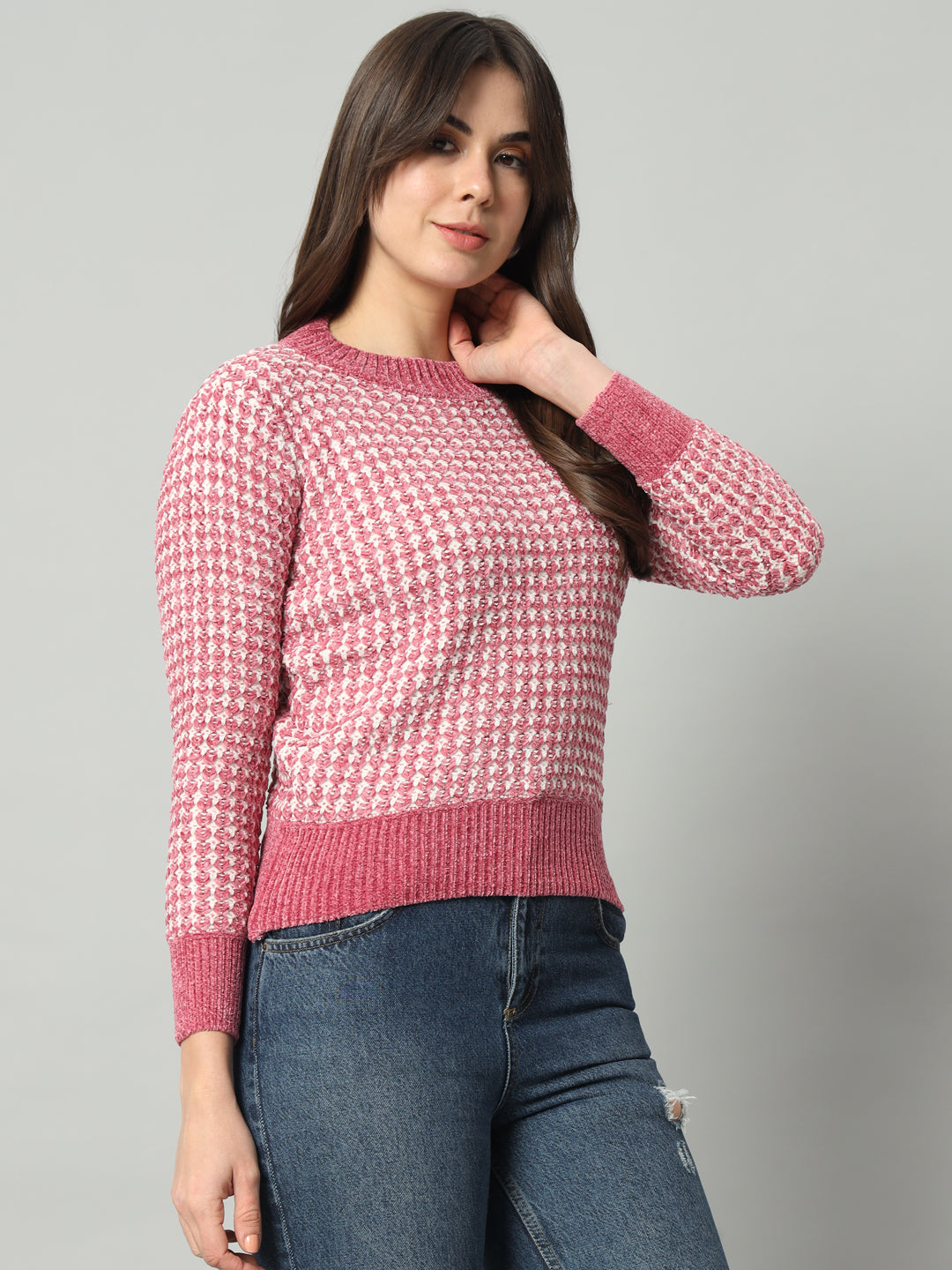 BROOWL Women Peach-Coloured Checked Woollen Pullover