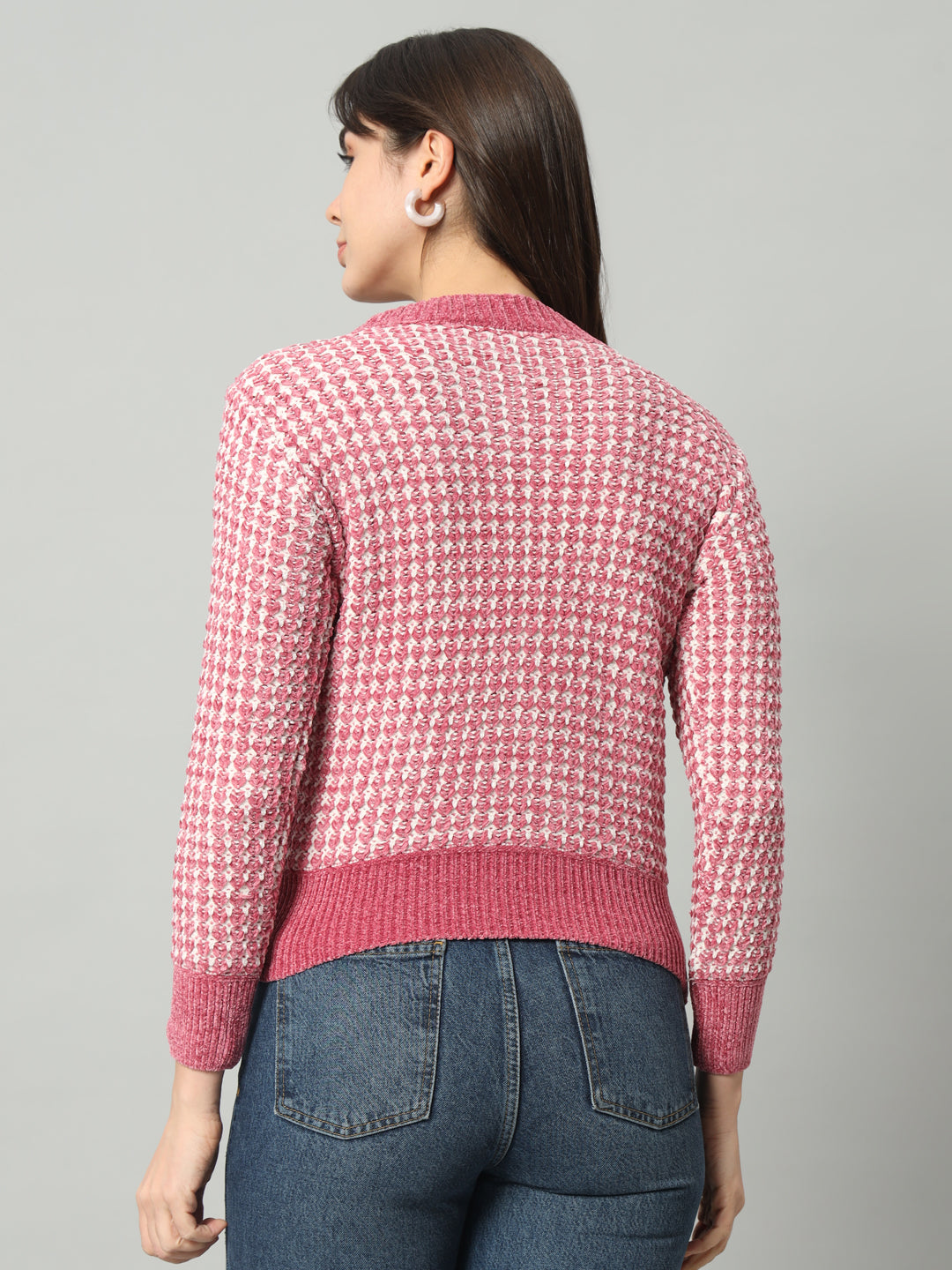 BROOWL Women Peach-Coloured Checked Woollen Pullover