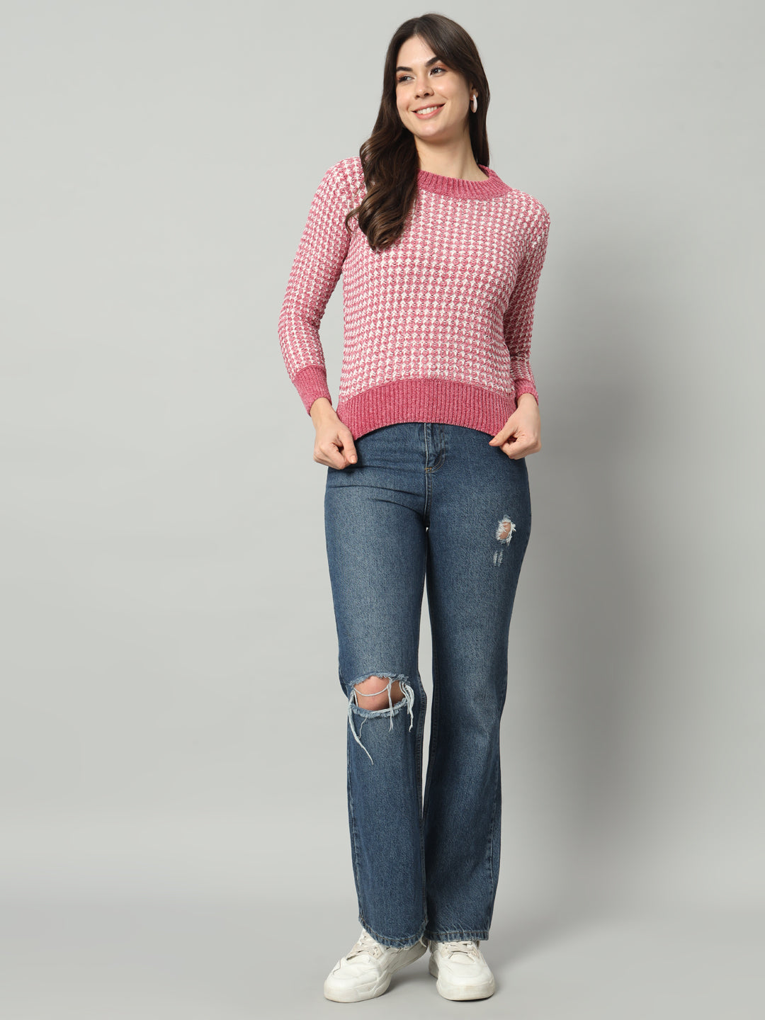 BROOWL Women Peach-Coloured Checked Woollen Pullover