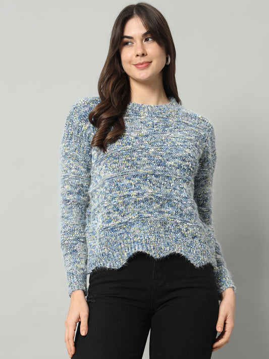 BROOWL Women Blue & Multicoloured Speckled Woollen Pullover