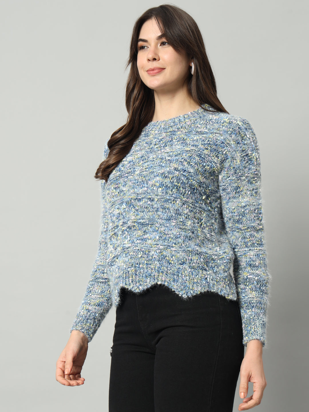 BROOWL Women Blue & Multicoloured Speckled Woollen Pullover