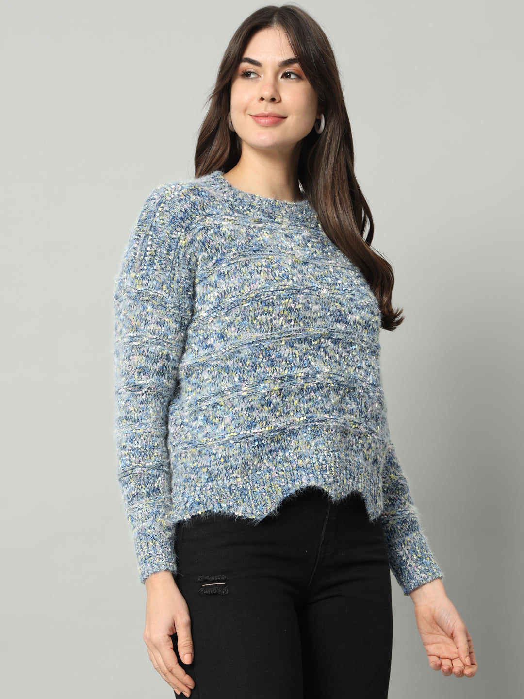 BROOWL Women Blue & Multicoloured Speckled Woollen Pullover