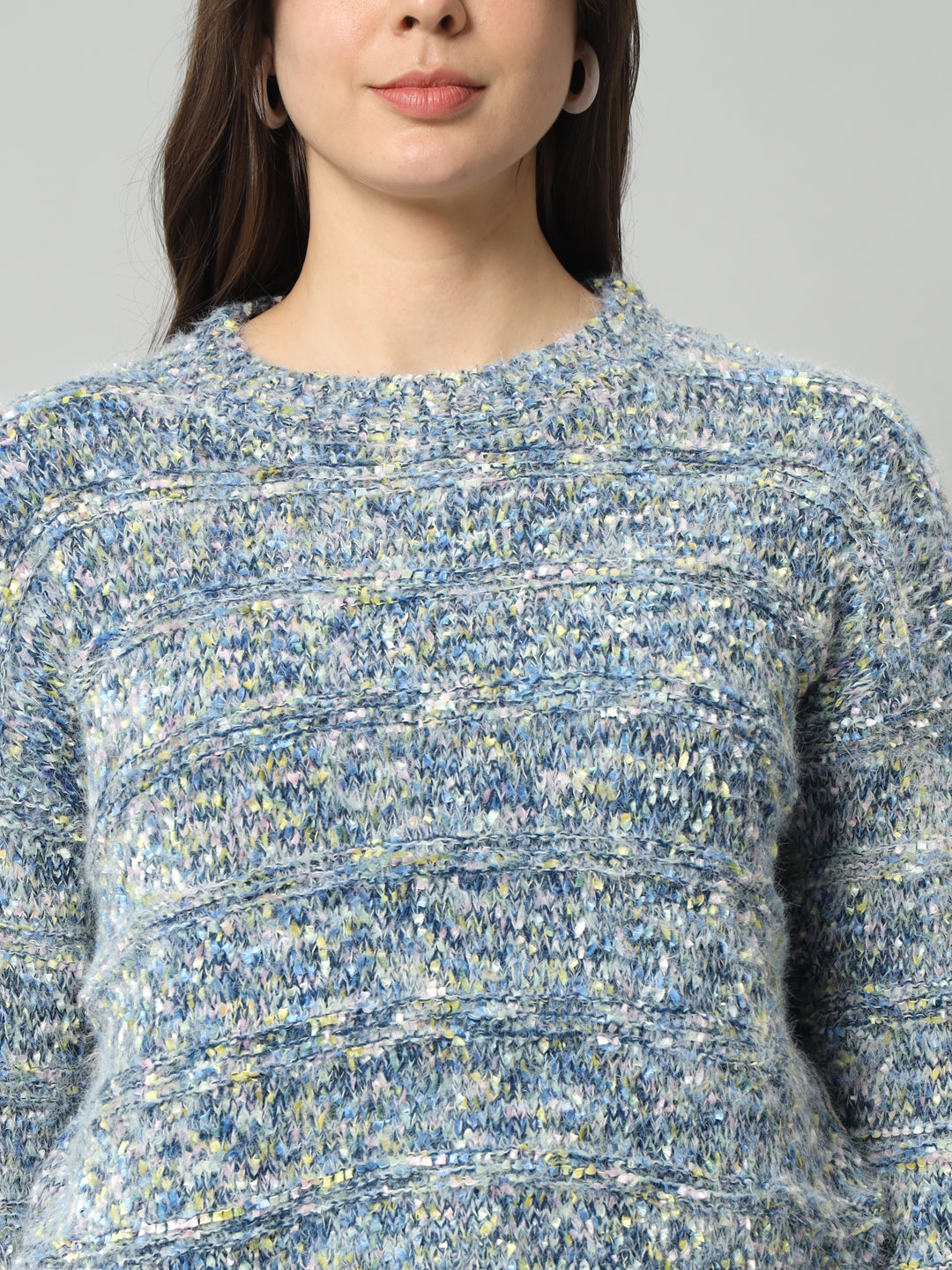 BROOWL Women Blue & Multicoloured Speckled Woollen Pullover