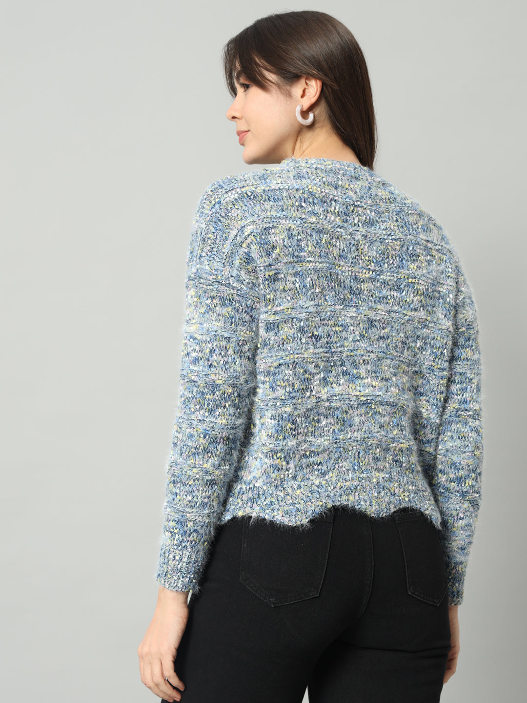 BROOWL Women Blue & Multicoloured Speckled Woollen Pullover