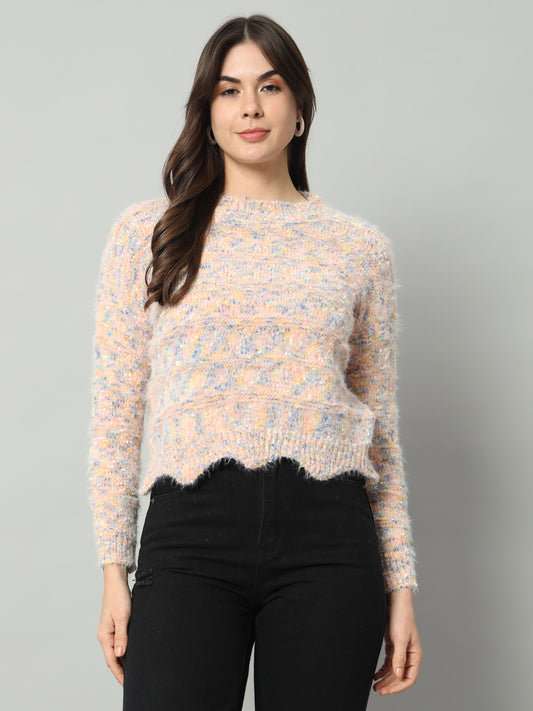 BROOWL Women Peach-Coloured & Multicoloured Speckled Woollen Pullover