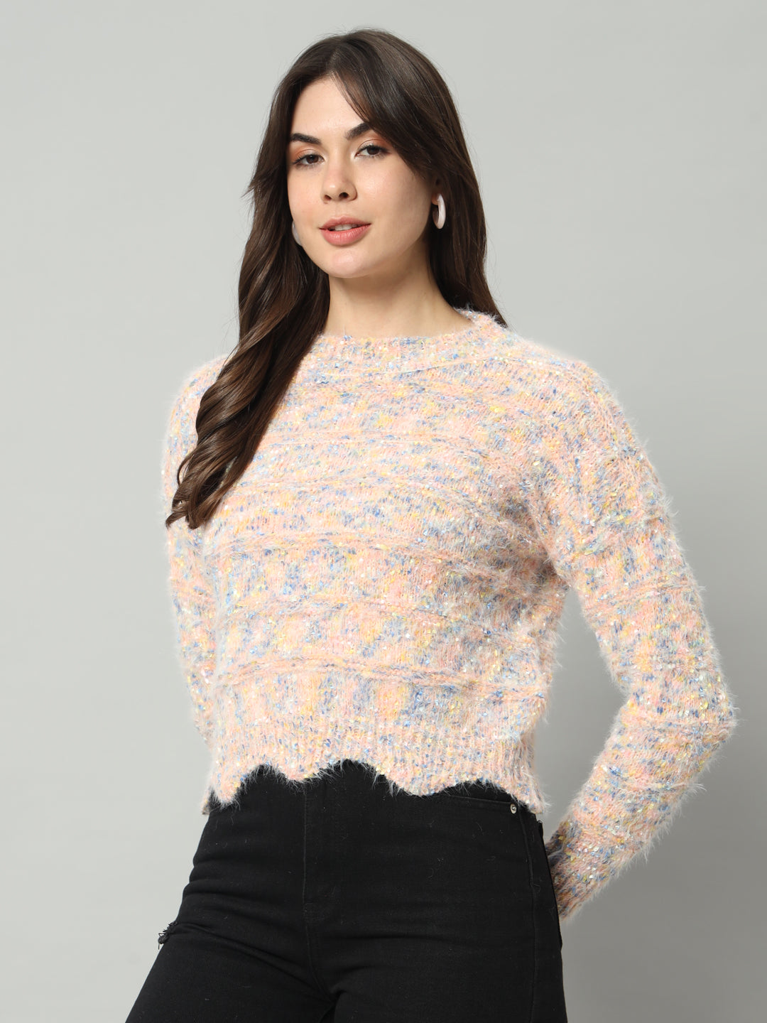 BROOWL Women Peach-Coloured & Multicoloured Speckled Woollen Pullover