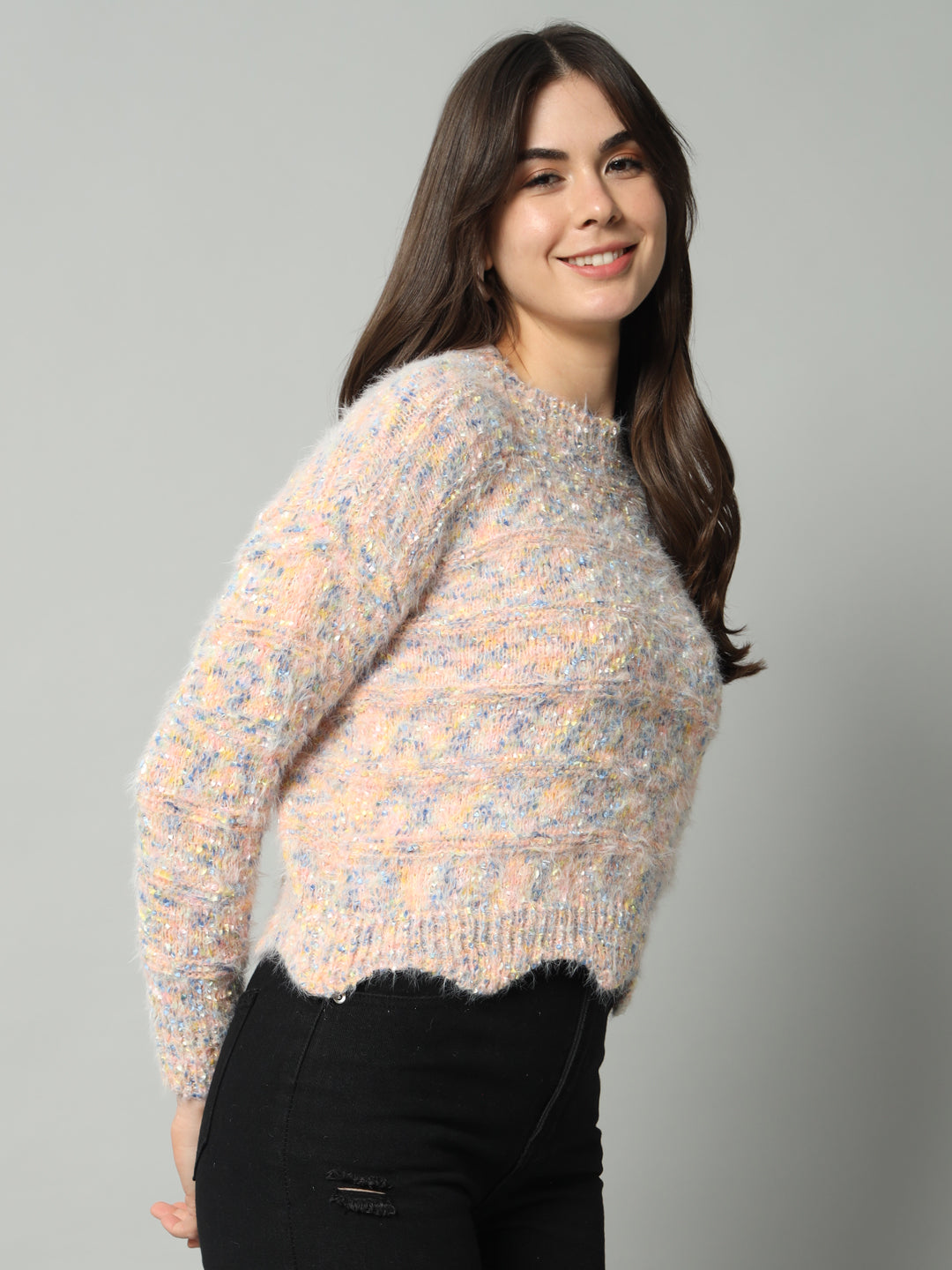 BROOWL Women Peach-Coloured & Multicoloured Speckled Woollen Pullover