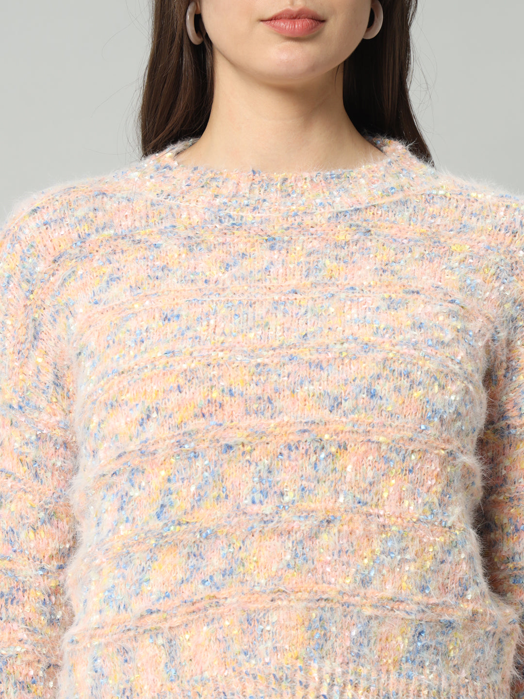 BROOWL Women Peach-Coloured & Multicoloured Speckled Woollen Pullover