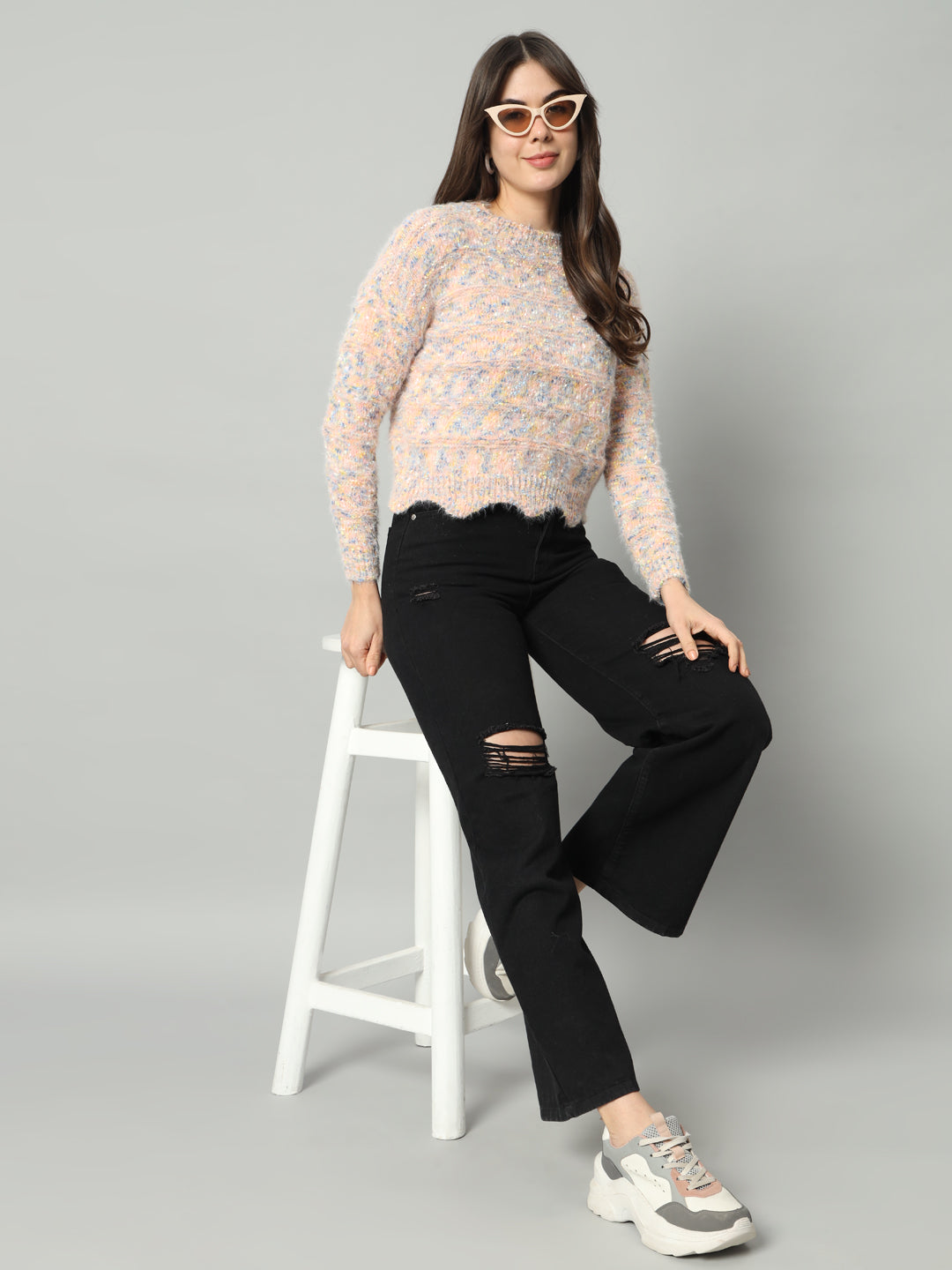 BROOWL Women Peach-Coloured & Multicoloured Speckled Woollen Pullover