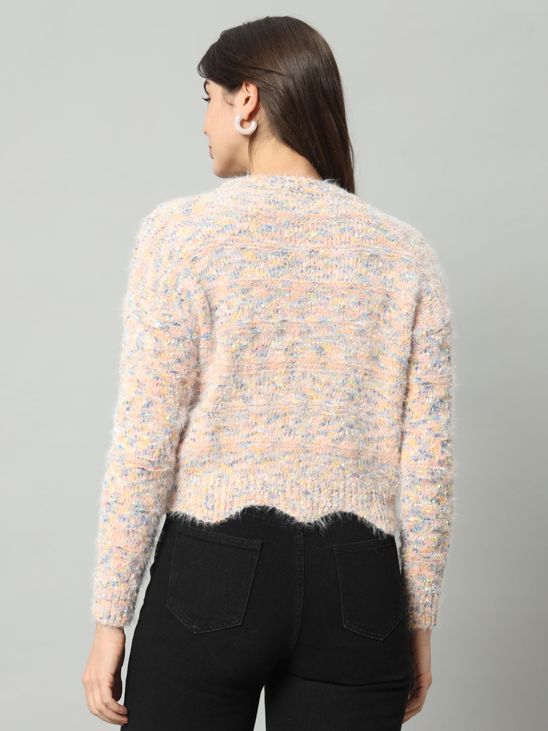 BROOWL Women Peach-Coloured & Multicoloured Speckled Woollen Pullover