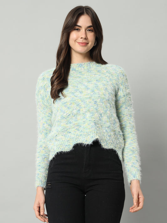 BROOWL Women Green & Multicoloured Speckled Woollen Pullover