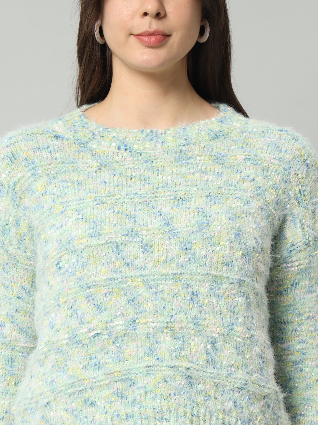 BROOWL Women Green & Multicoloured Speckled Woollen Pullover