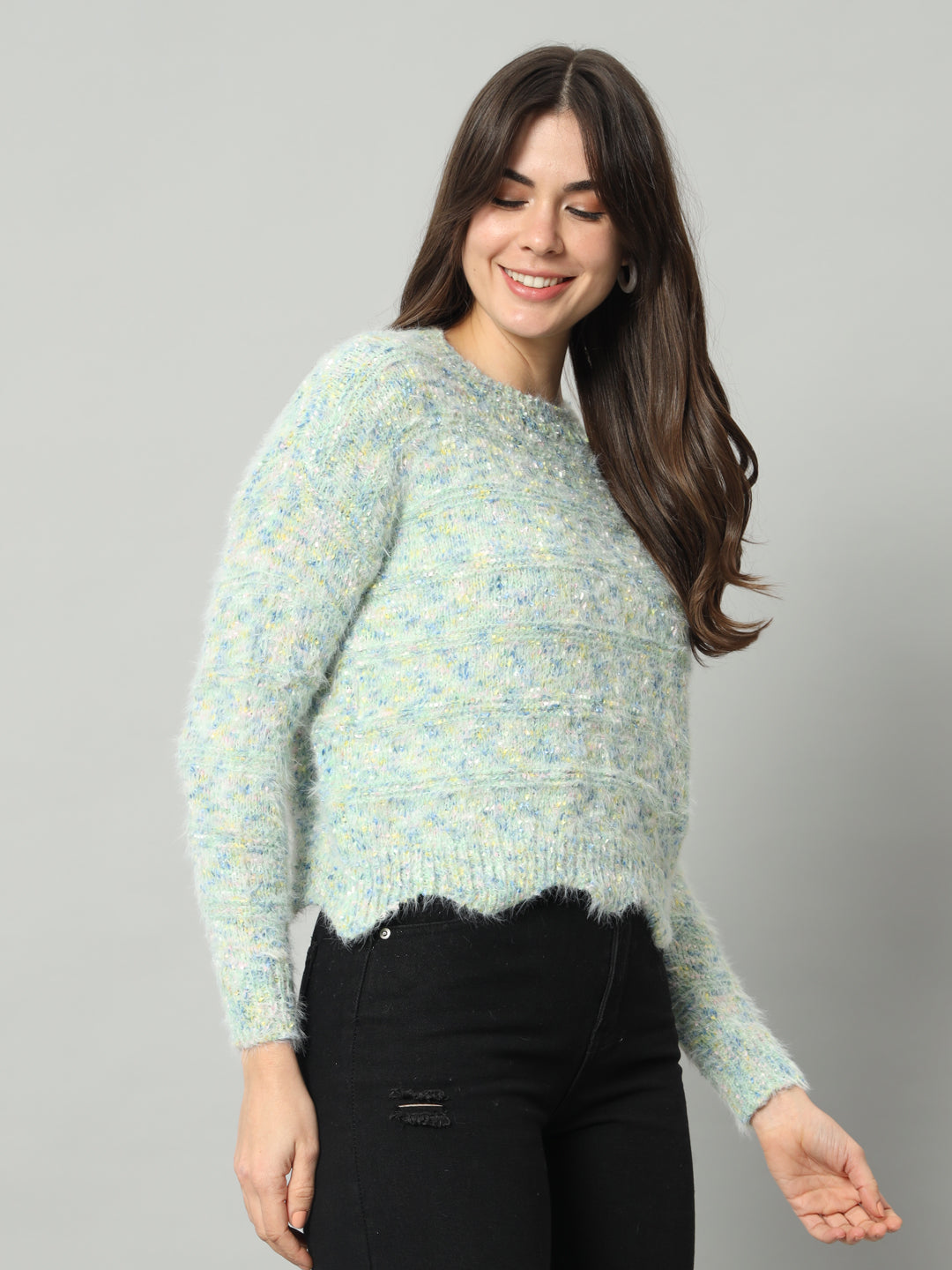 BROOWL Women Green & Multicoloured Speckled Woollen Pullover