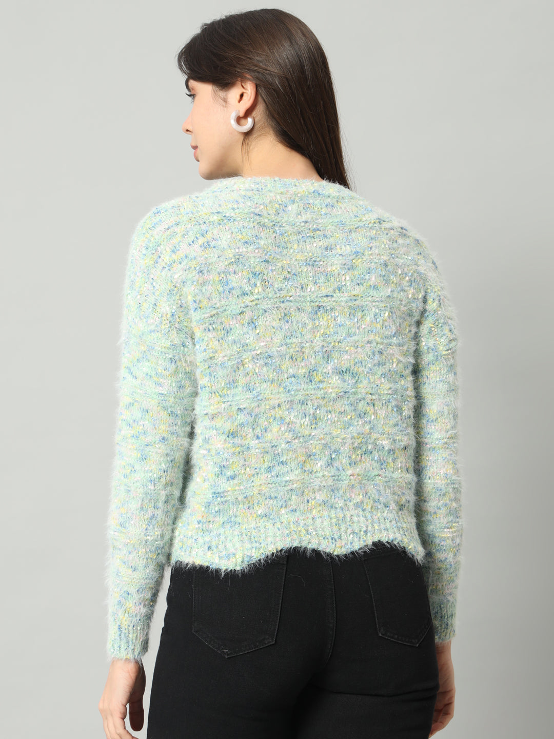 BROOWL Women Green & Multicoloured Speckled Woollen Pullover