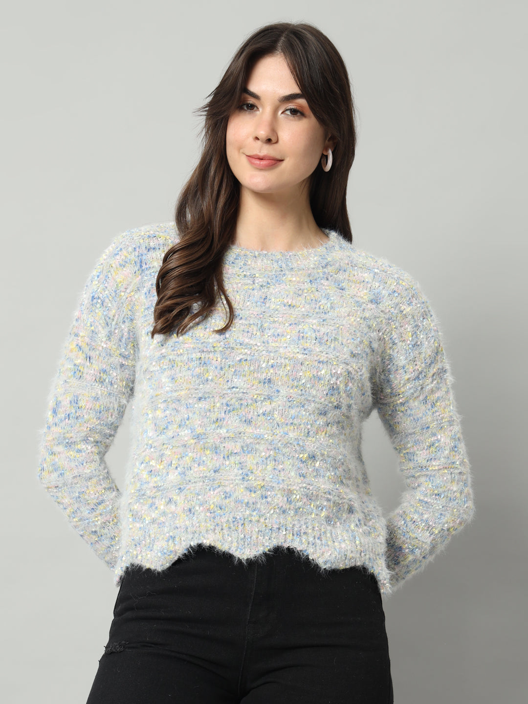 BROOWL Women Grey & Multicoloured Speckled Woollen Pullover