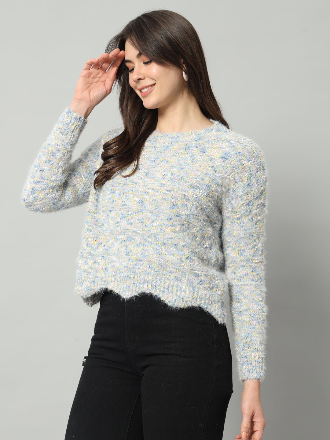 BROOWL Women Grey & Multicoloured Speckled Woollen Pullover