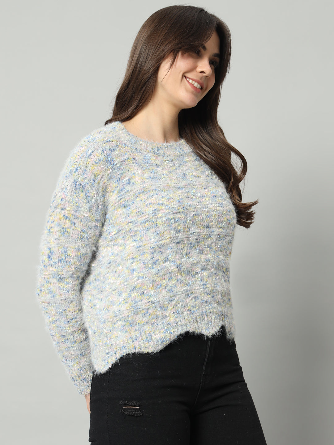 BROOWL Women Grey & Multicoloured Speckled Woollen Pullover