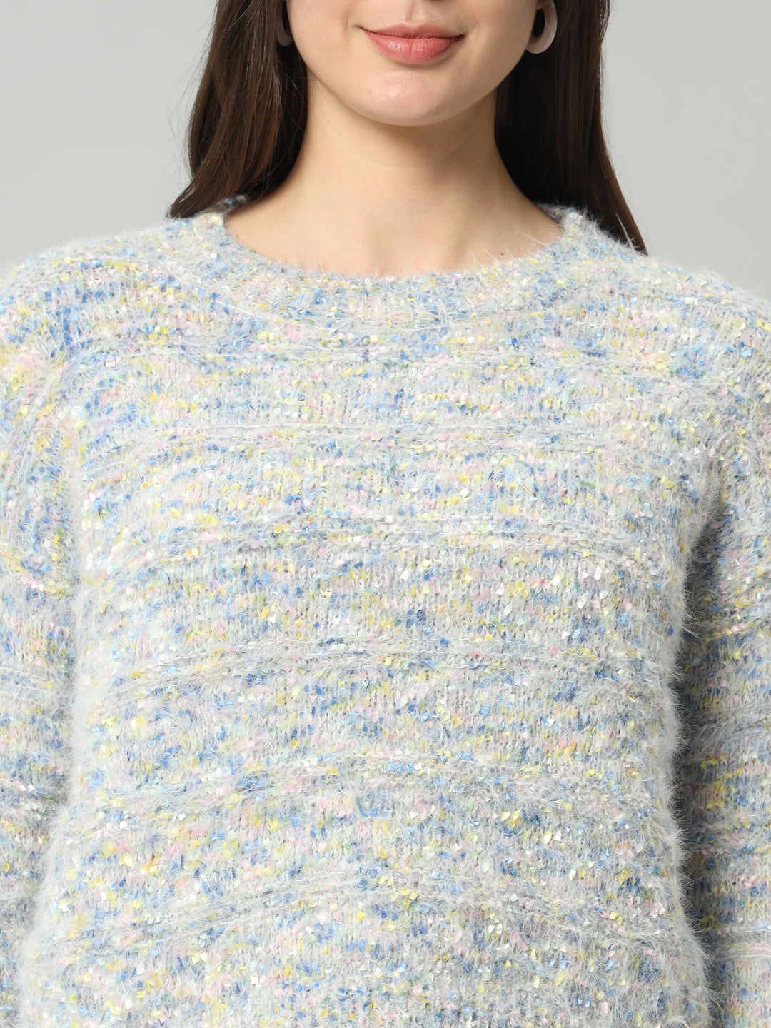 BROOWL Women Grey & Multicoloured Speckled Woollen Pullover