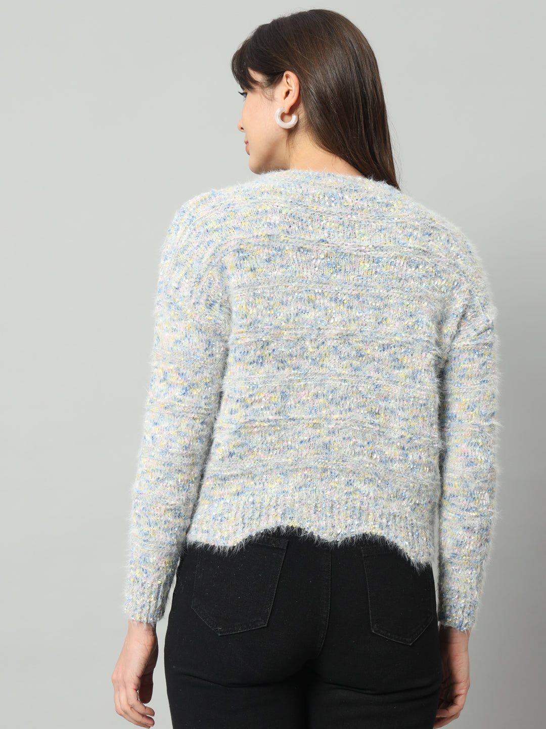 BROOWL Women Grey & Multicoloured Speckled Woollen Pullover